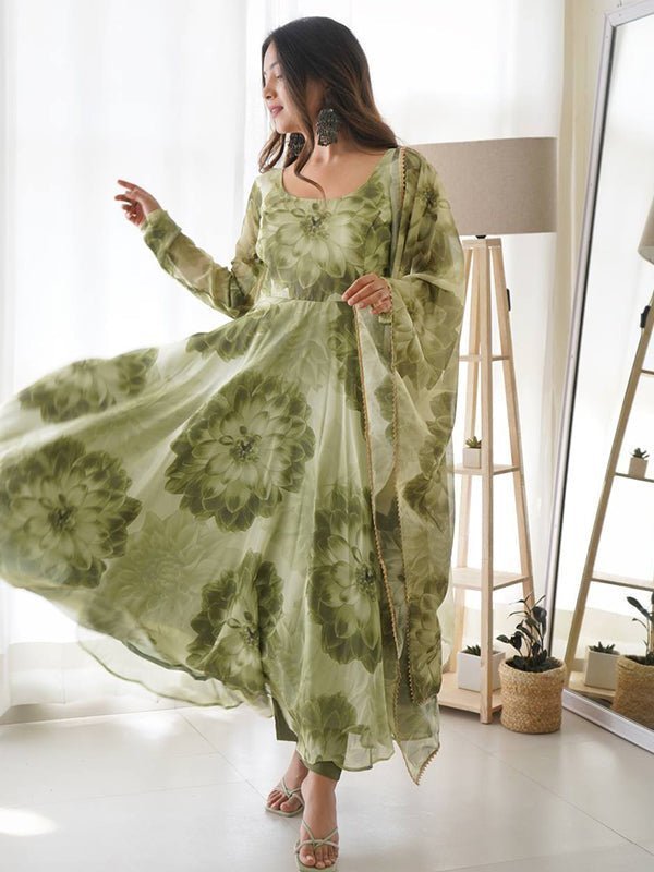 Mehandi Organza Printed Anarkali Gown With Pant & Dupatta Set - Image 2