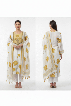 Floral Printed & Resham Zari Embroidered Straight Kurta with Pant & Dupatta – Off White Elegance for Every Occasion
