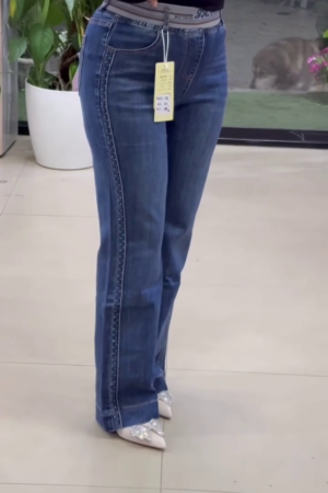 High-Rise Rhinestone Side-Stripe Flare Jeans with Elastic Comfort Waist