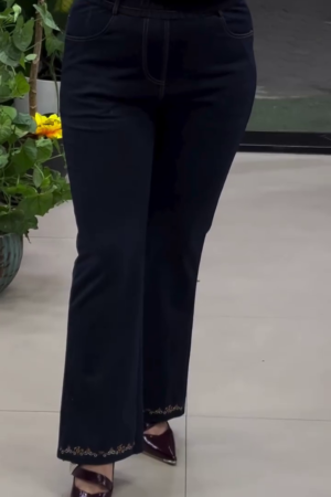 High-Rise Embroidered Hem Flare Jeggings in Deep Indigo