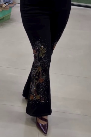 Midnight Bloom Embellished Flare Jeans – High-Waisted Rhinestone & Floral Beaded Black Denims