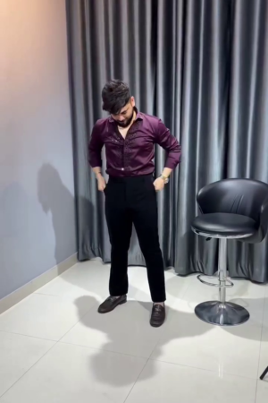 Wine Sequin Satin Cotton Designer Shirt for Men – Rich Shade with Elegant Detailing for Nightclubs and Special Occasions