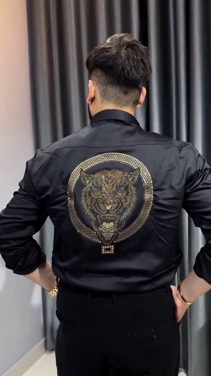 Lion Embroidered Club WEAR Satin Cotton Shirt - Image 8