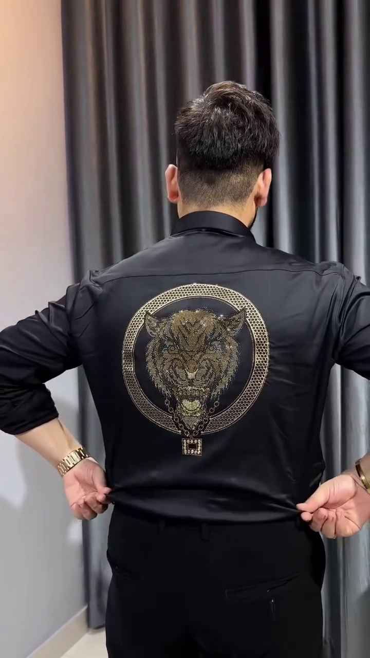 Lion Embroidered Club WEAR Satin Cotton Shirt - Image 7