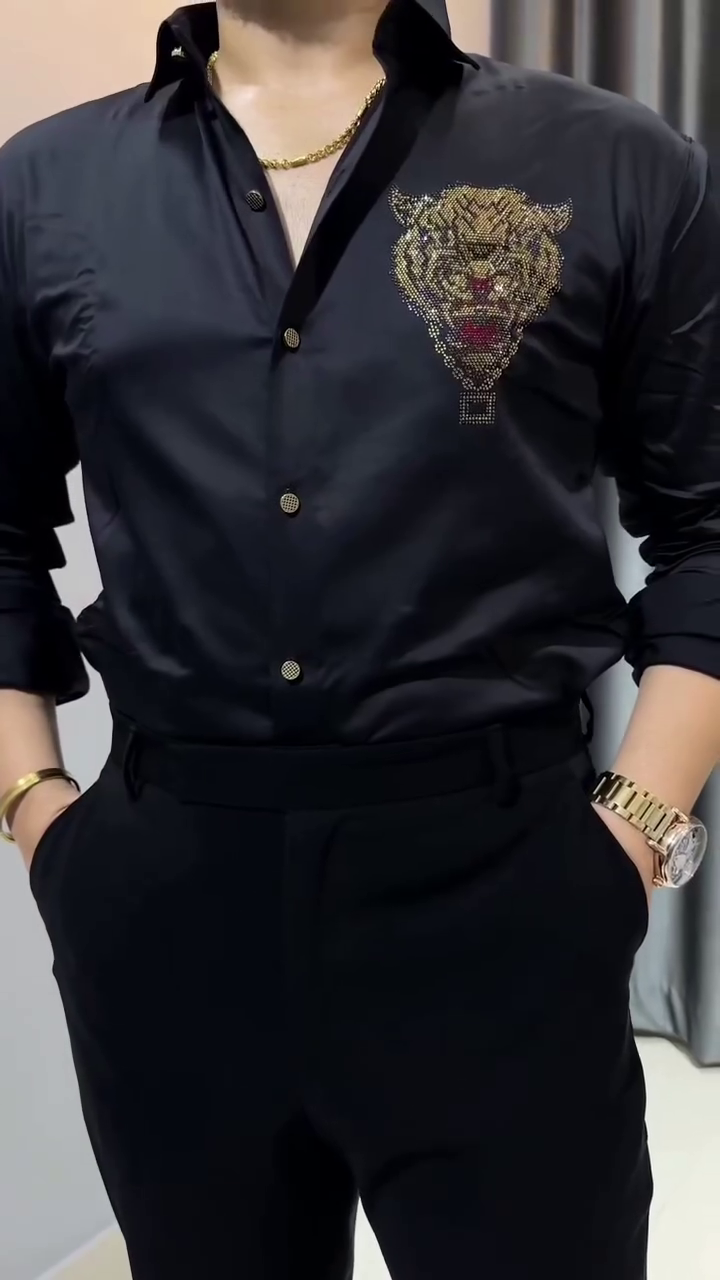 Lion Embroidered Club WEAR Satin Cotton Shirt - Image 6