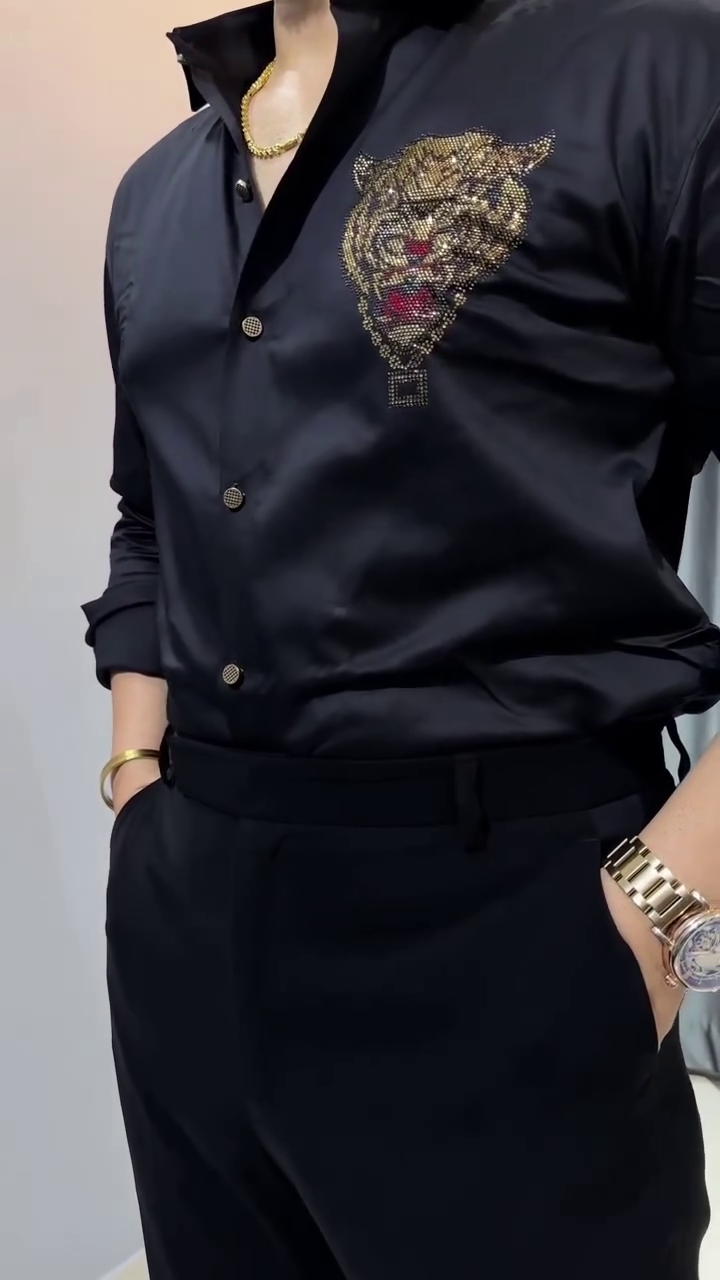 Lion Embroidered Club WEAR Satin Cotton Shirt - Image 5